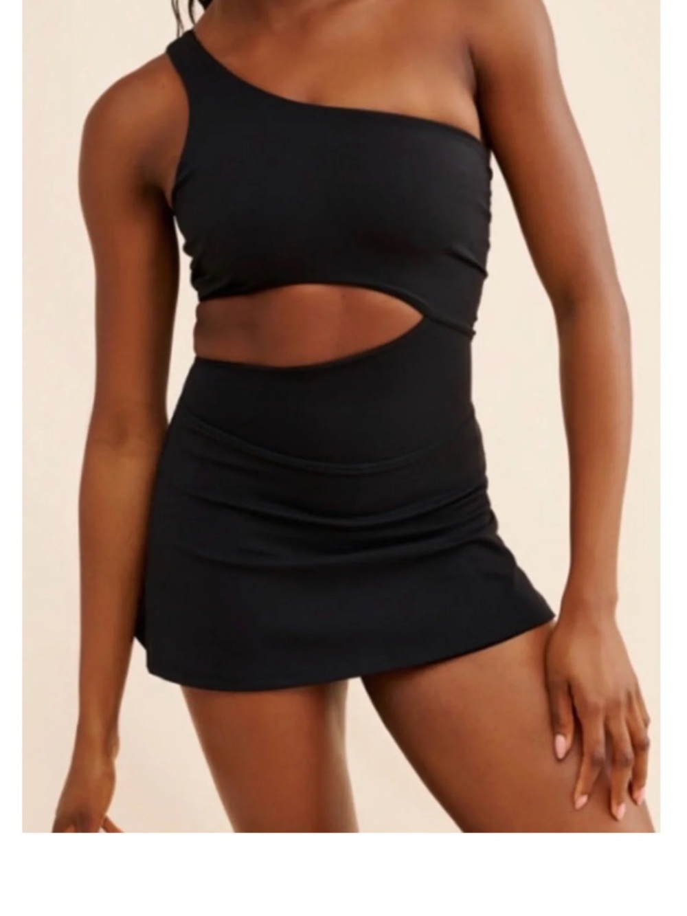 FP Movement Transcend Limits One-Shoulder Cutout Black Tennis One Piece Skortsie